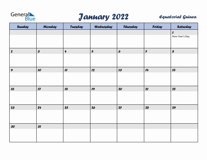 January 2022 Calendar with Holidays in Equatorial Guinea
