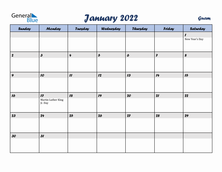 January 2022 Calendar with Holidays in Guam
