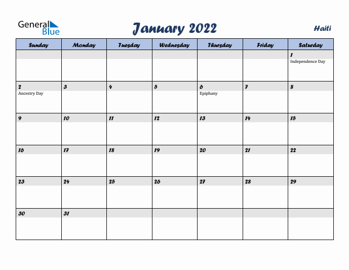 January 2022 Calendar with Holidays in Haiti