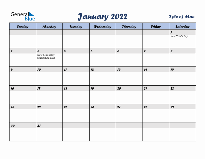 January 2022 Calendar with Holidays in Isle of Man