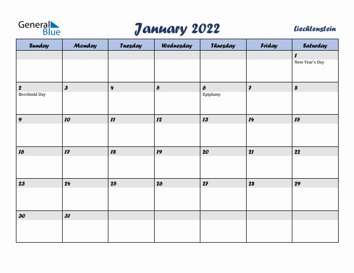 January 2022 Calendar with Holidays in Liechtenstein