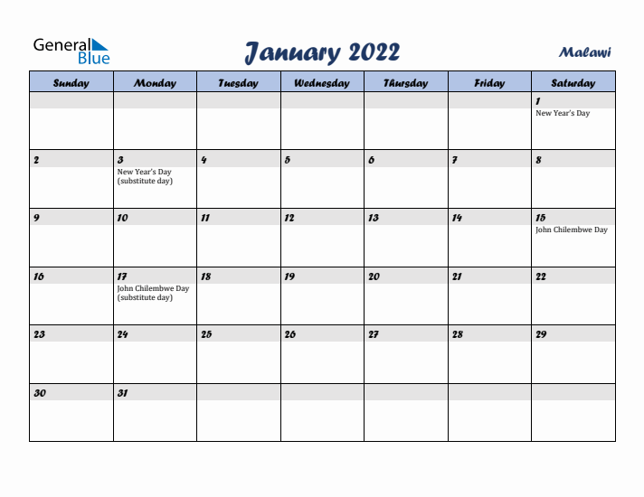 January 2022 Calendar with Holidays in Malawi