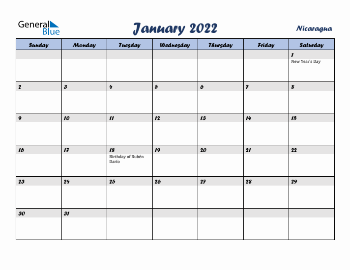 January 2022 Calendar with Holidays in Nicaragua