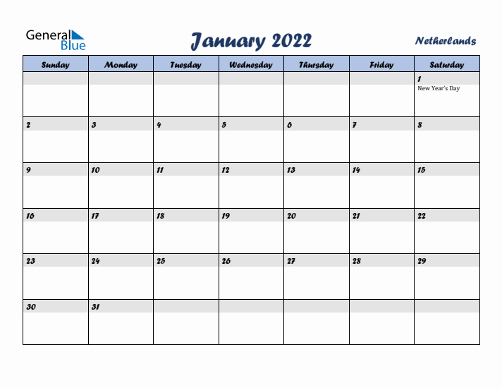 January 2022 Calendar with Holidays in The Netherlands