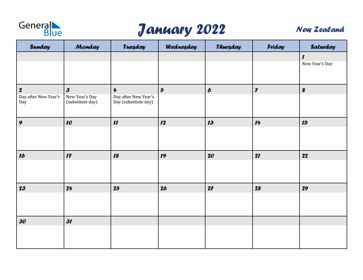January 2022 Calendar with Holidays in New Zealand