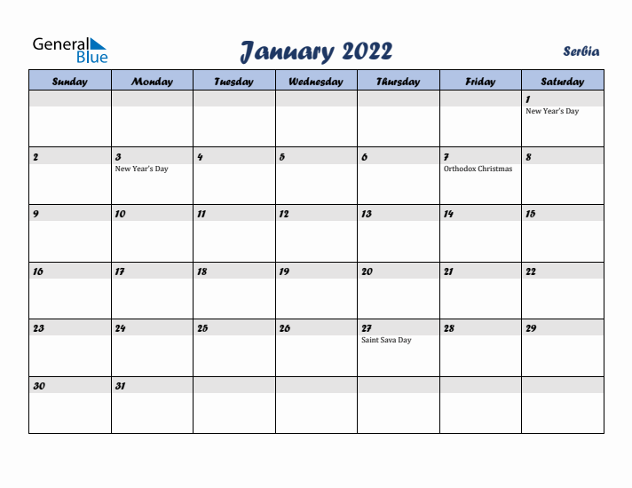 January 2022 Calendar with Holidays in Serbia