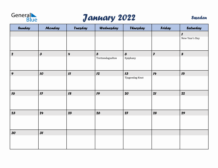 January 2022 Calendar with Holidays in Sweden