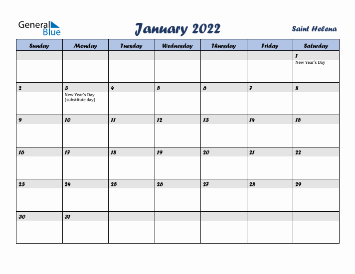 January 2022 Calendar with Holidays in Saint Helena
