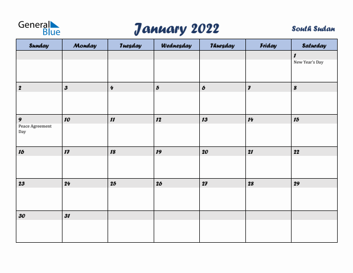 January 2022 Calendar with Holidays in South Sudan