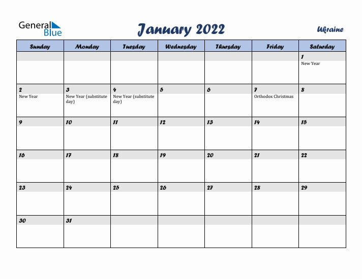 January 2022 Calendar with Holidays in Ukraine