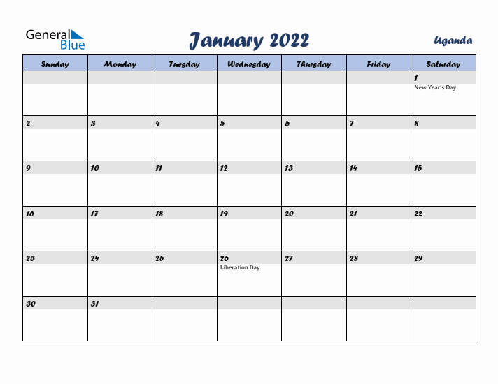 January 2022 Calendar with Holidays in Uganda