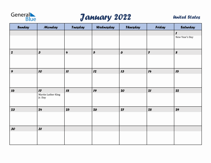 January 2022 Calendar with Holidays in United States
