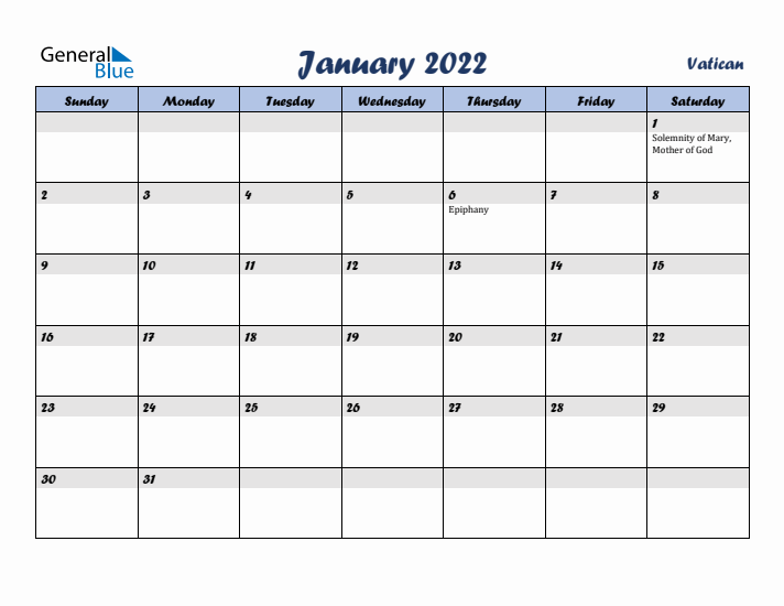 January 2022 Calendar with Holidays in Vatican