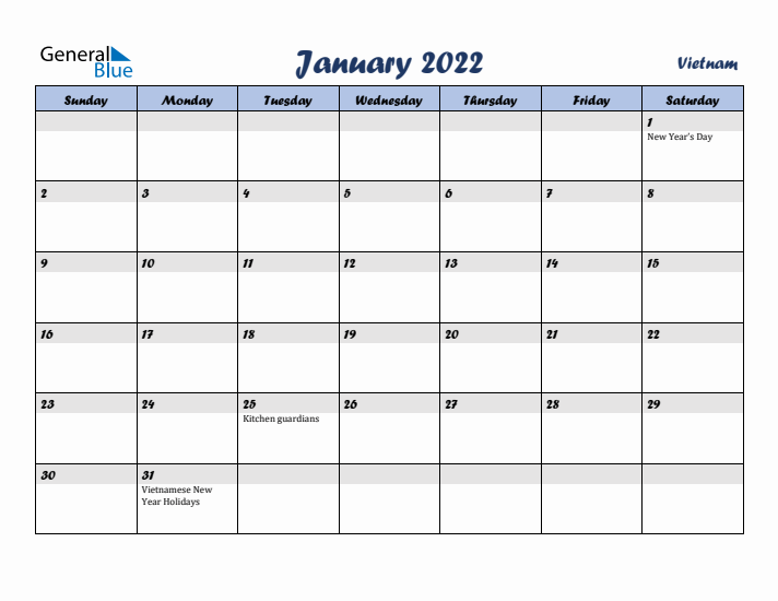 January 2022 Calendar with Holidays in Vietnam