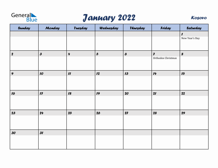 January 2022 Calendar with Holidays in Kosovo