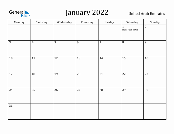 January 2022 Calendar United Arab Emirates