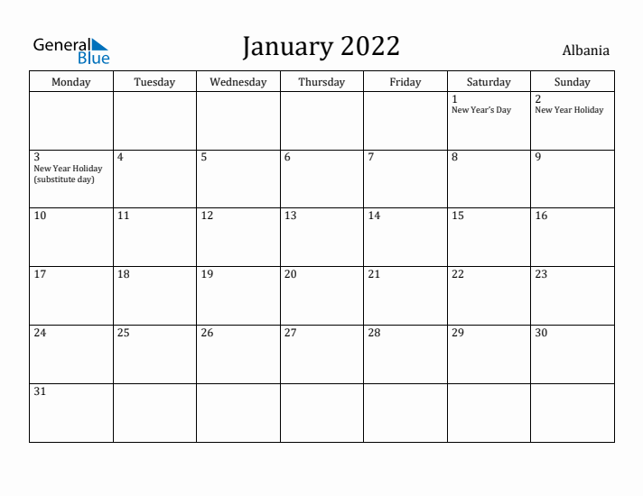 January 2022 Calendar Albania