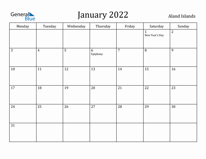 January 2022 Calendar Aland Islands