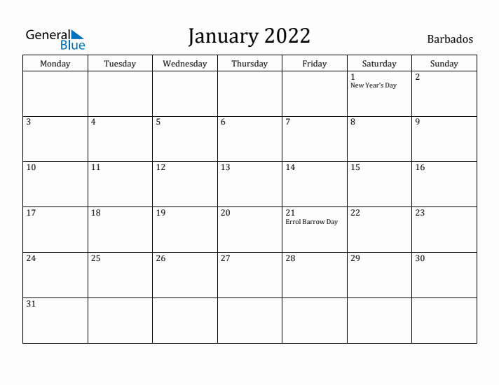 January 2022 Calendar Barbados
