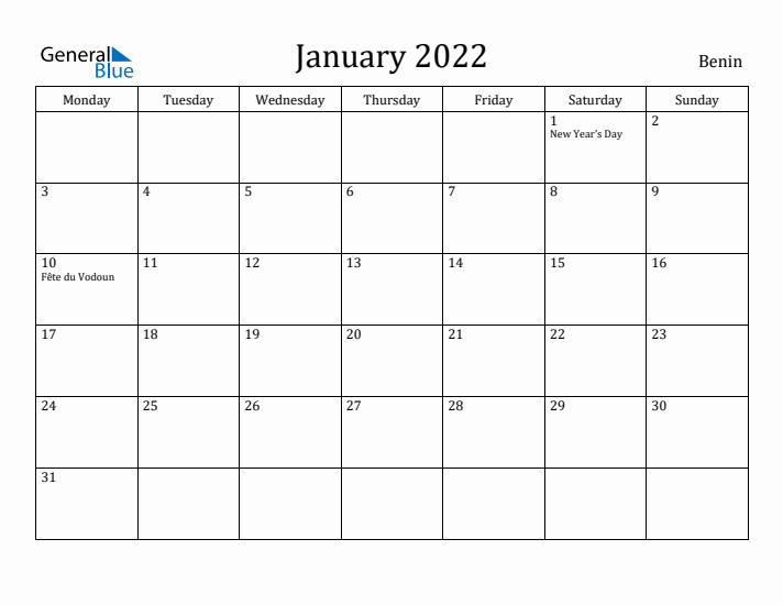 January 2022 Calendar Benin