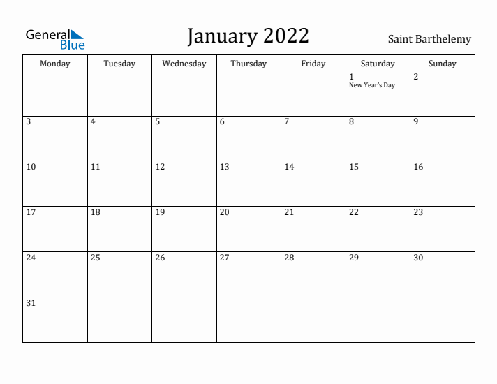 January 2022 Calendar Saint Barthelemy