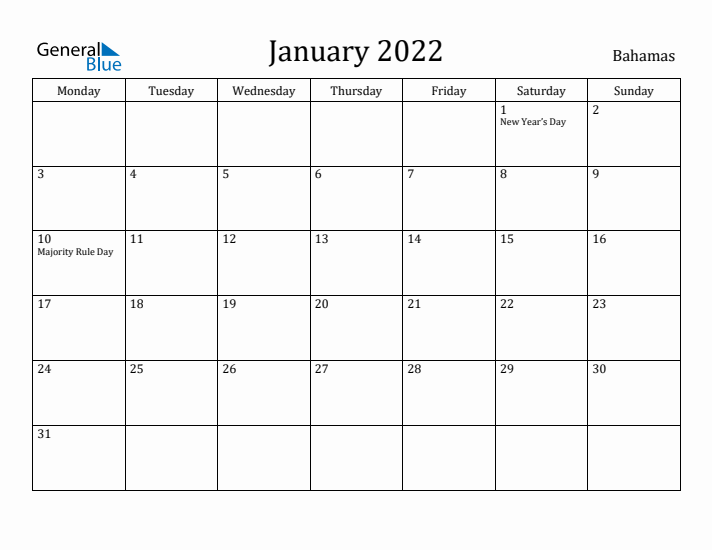 January 2022 Calendar Bahamas