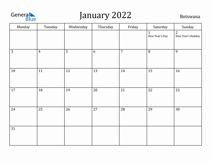 January 2022 Calendar Botswana
