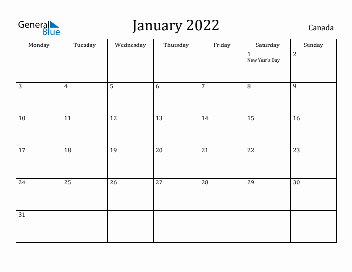 January 2022 Calendar Canada