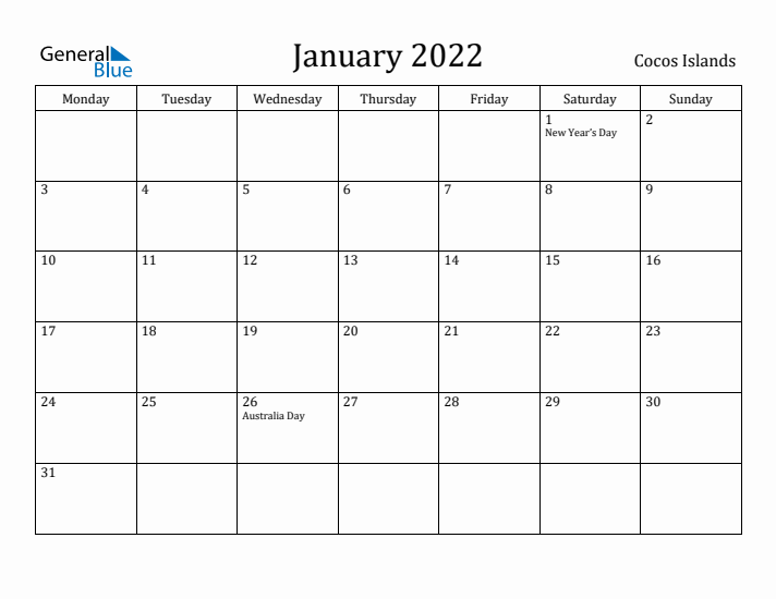 January 2022 Calendar Cocos Islands