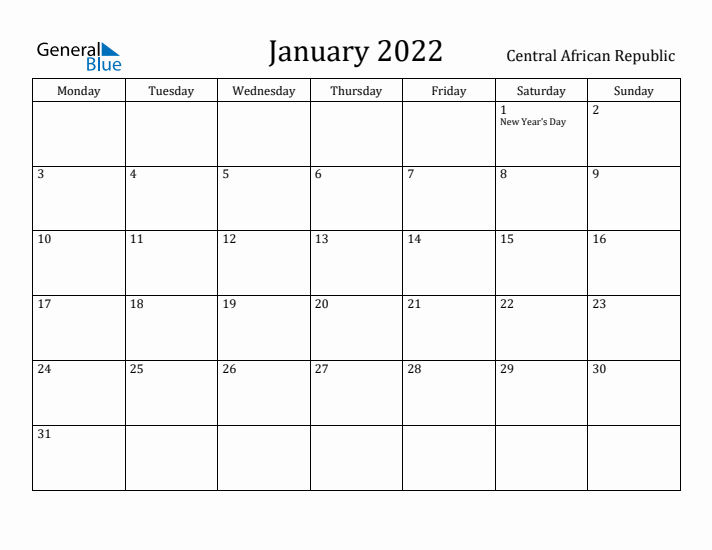 January 2022 Calendar Central African Republic