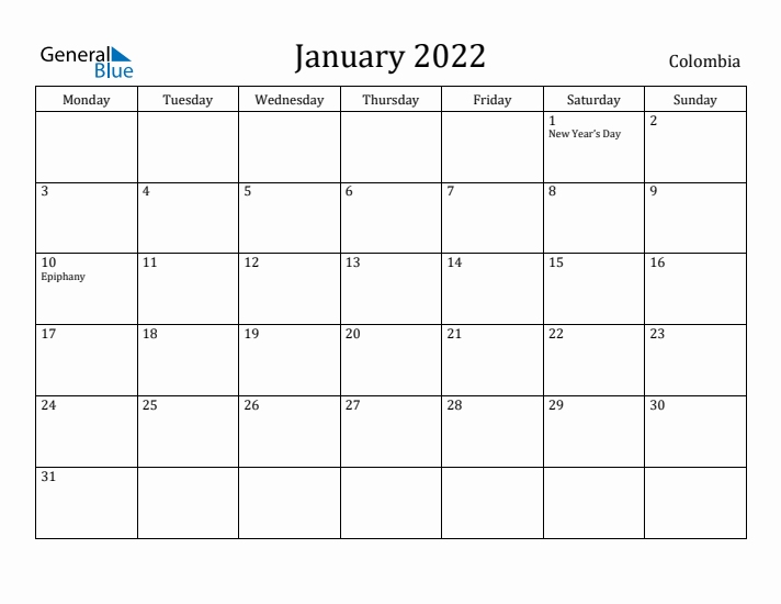 January 2022 Calendar Colombia