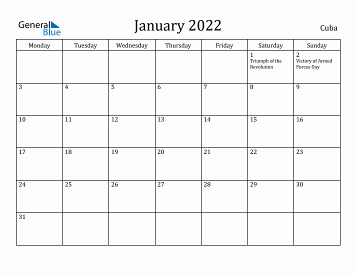 January 2022 Calendar Cuba