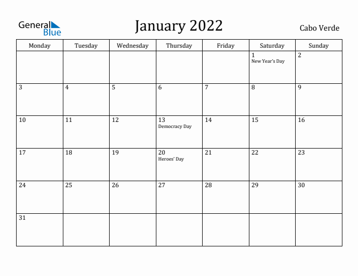 January 2022 Calendar Cabo Verde