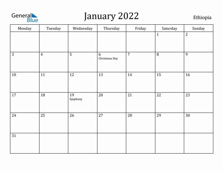 January 2022 Calendar Ethiopia