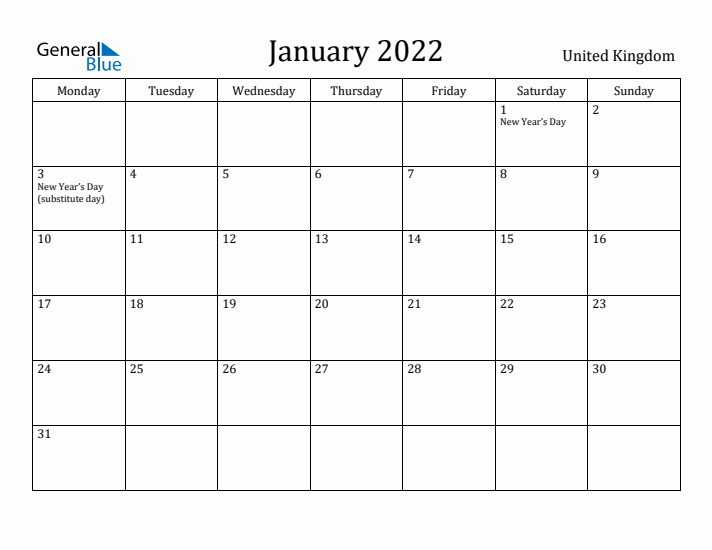 January 2022 Calendar United Kingdom
