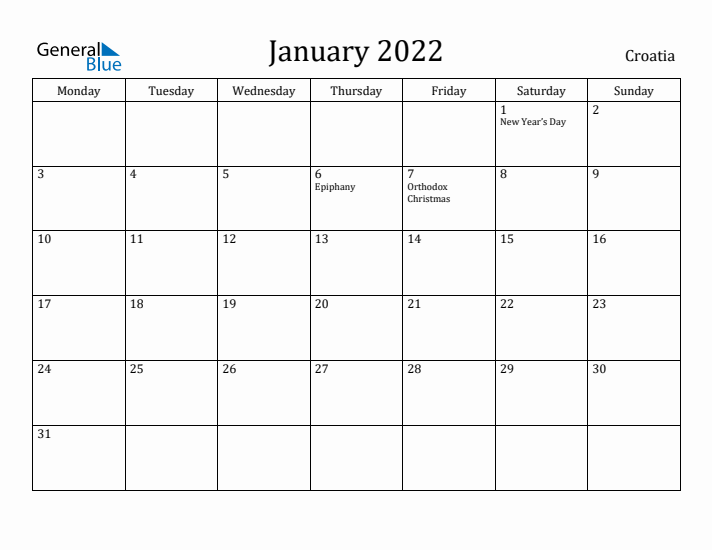 January 2022 Calendar Croatia