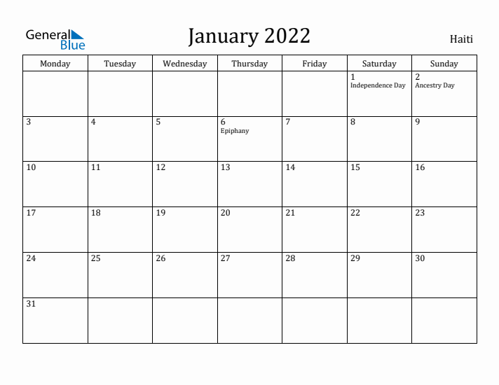 January 2022 Calendar Haiti