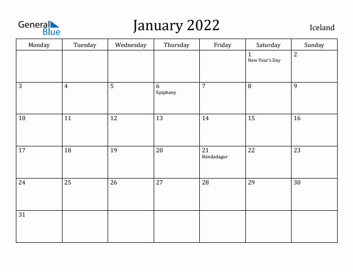 January 2022 Calendar Iceland