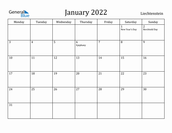 January 2022 Calendar Liechtenstein
