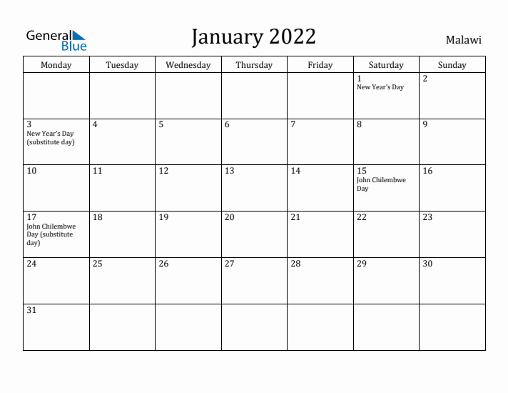 January 2022 Calendar Malawi