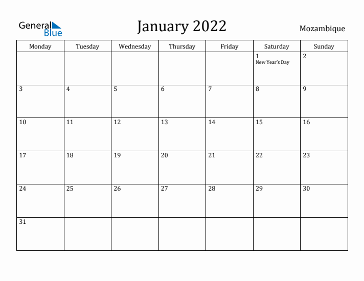 January 2022 Calendar Mozambique