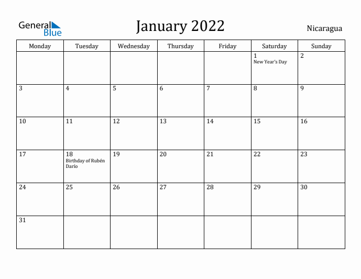 January 2022 Calendar Nicaragua