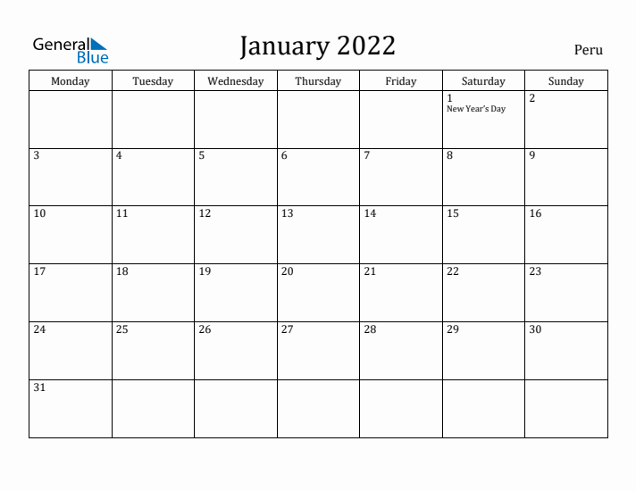 January 2022 Calendar Peru