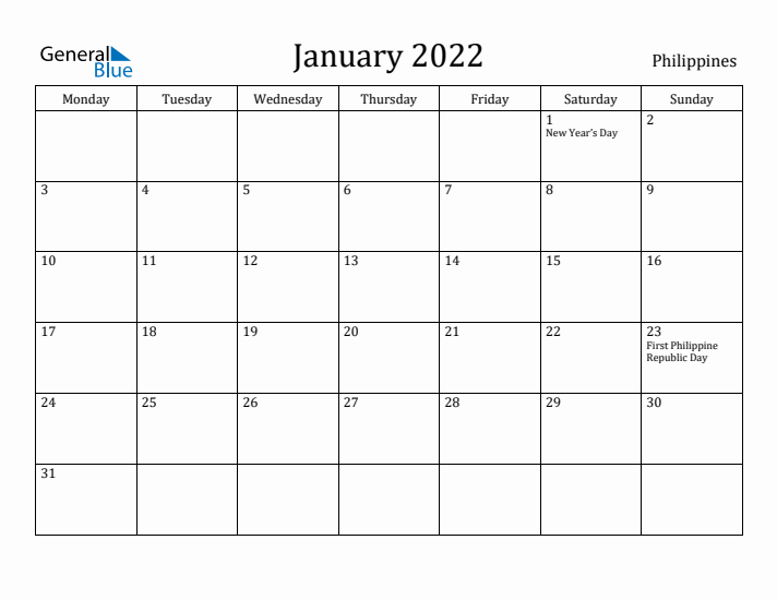 January 2022 Calendar Philippines