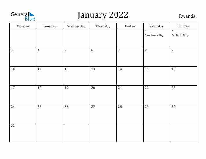 January 2022 Calendar Rwanda
