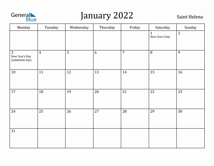 January 2022 Calendar Saint Helena