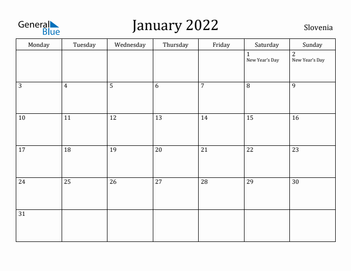 January 2022 Calendar Slovenia