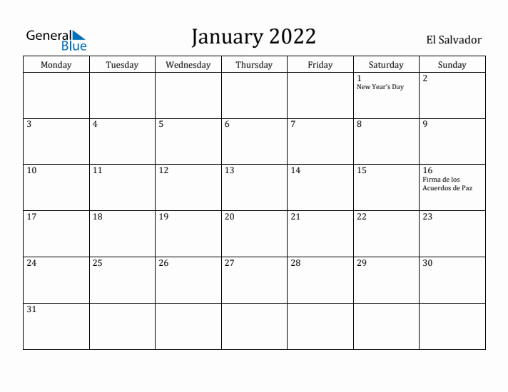 January 2022 Calendar El Salvador