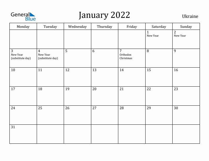 January 2022 Calendar Ukraine