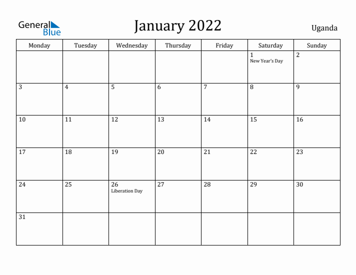 January 2022 Calendar Uganda